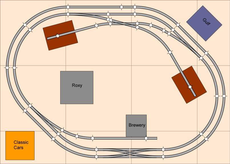 THIS TINY DOUBLE TRACK MODEL RAILROAD FEATURES A DOUBLE TRACK MAINLINE, A DOUBLE CROSSOVER, AND A FEW INDUSTRIES FOR SWITHCING.